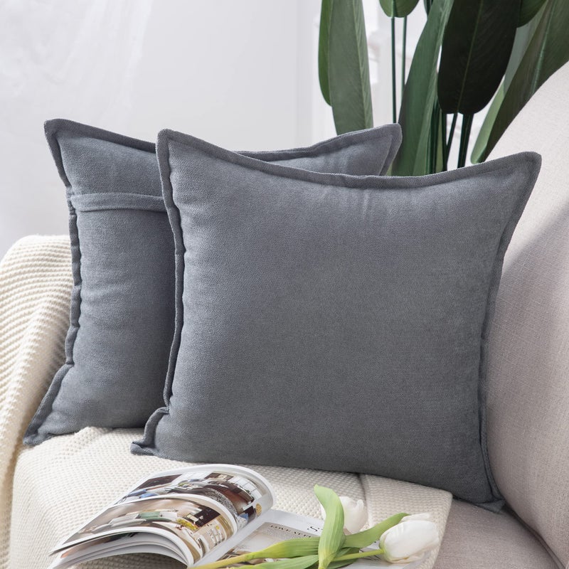 MADIZZ MADIZZ Set of 2 Short Chenille Throw Pillow Covers 24x24 Inch Grey Soft Decorative Cushion Cover for Sofa Bedroom Pillow Shell  - Image 1