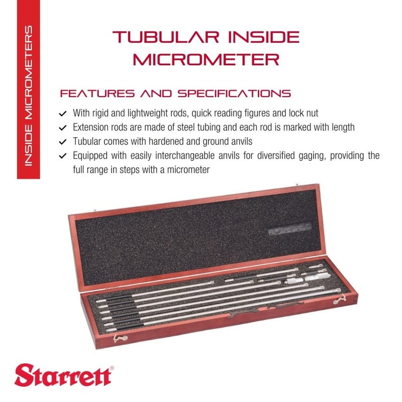 Starrett Tubular Inside Micrometer Set with Case Lock Nut QuickReading Figures Hardened Interchangeable and Ground Anvils  440 Range 001 Graduations  823EZ - Image 2