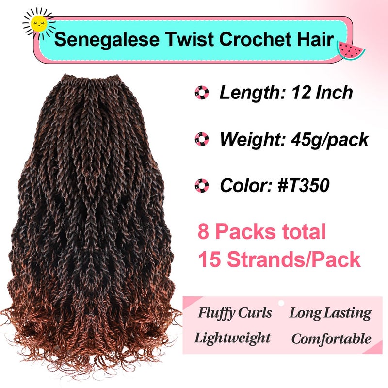 VIOLET Wavy Senegalese Twist Crochet Hair Ginger 12 Inch Pre Looped Short Crochet Hair with Curly Ends 8 Packs Curly Crochet Hair for Black Women Synthetic Crochet Braids 120 Strands Kinky Twist Hair(T350) - Image 2