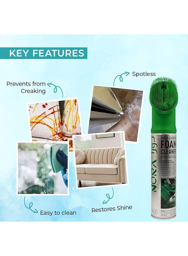 Generic Nora Car Care Multi-Purpose Foam Cleaner Spray With Brush, Rich Foam, Deep Cleaning For Interior, Upholstery, Dashboard, Leather & Fabric, 300Ml – N-513  - Image 4