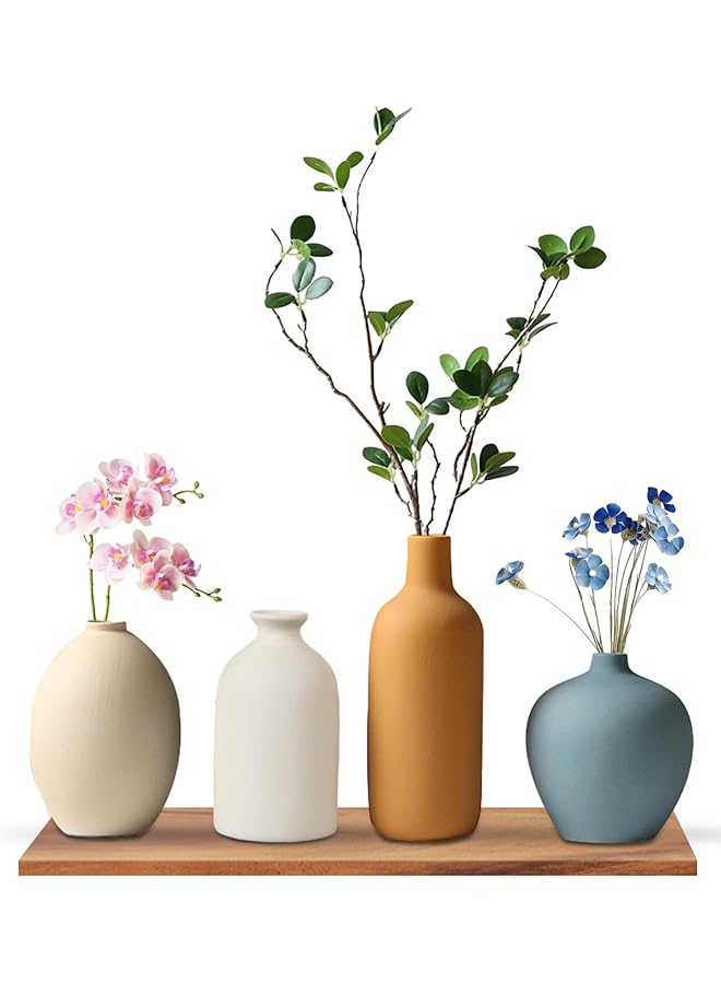 The Bros 4 قطع مزهريات سيراميك صغيرة لزهور حديثة وديكور منزل بوهيمي ريفي، مزهرية زخرفية لنجيل البامبا والزهور المجففة، فكرة للرف والطاولة ورف الكتب (أبيض + ألوان متعددة) - Image 1