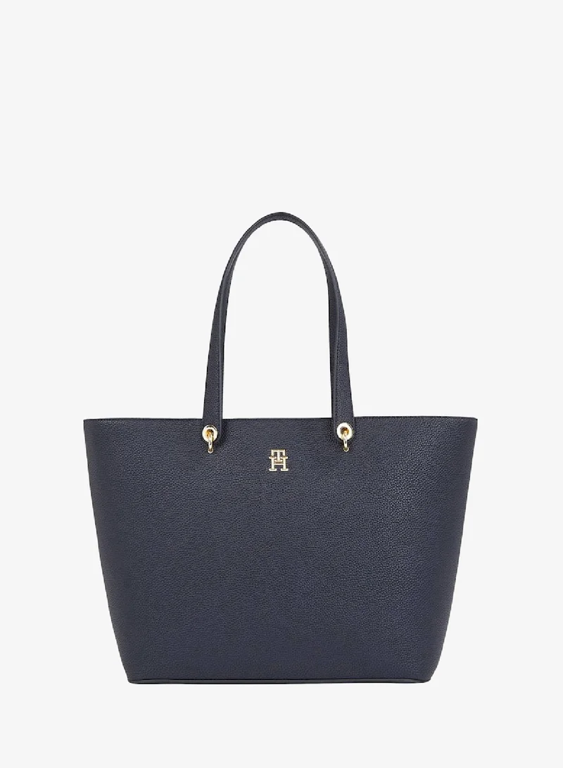 Women's Monogram Plaque Tote Handbag, Polyurethane, Black