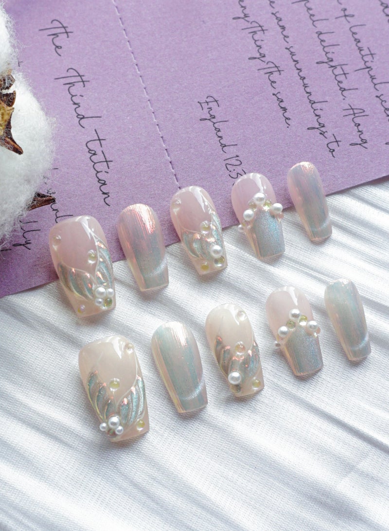 تصميم الفنان/لؤلؤة حورية البحر ثلاثية الأبعاد (يدوية الصنع)/أظافر ملصقة فاخرة مرسومة باليد/متوسطة الشكل (كوفن)/10 قطع/حجم M - Image 2