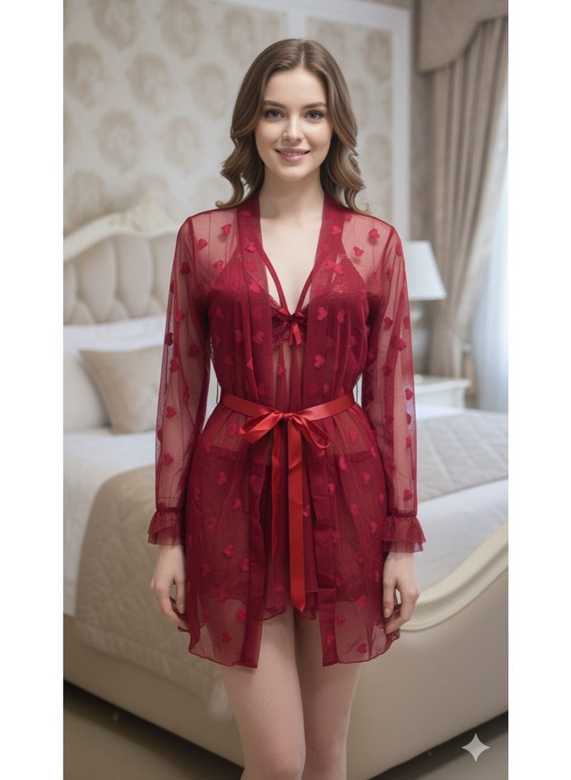 MANIKAN Women's Clothes 3-Piece with Robe Lace Pattern Sheer and Sleeve Cover-up - Image 2
