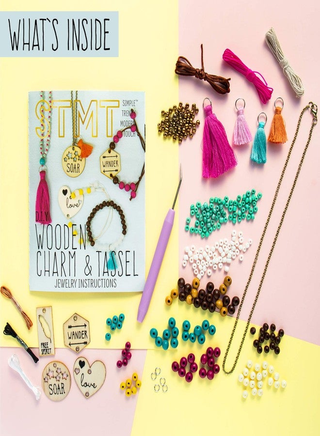 STMT DIY Wooden charm & Tassel Jewelry Art & Craft Kit by Horizon Group USA, Design & Create 10Piece of Vsco Girl Jewelry, Includes Wood Charms, Colorful Tassels, Beads, Chains & More, Multicolored - Image 2