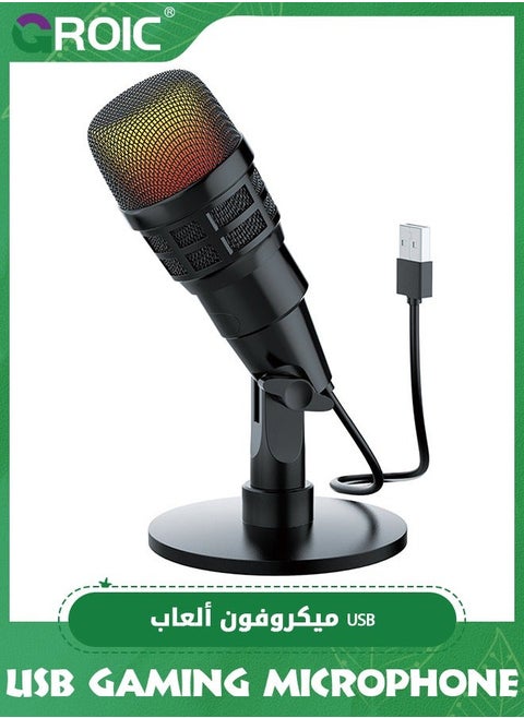 Gaming Microphone, USB Computer Microphone for PC, Mac, PS4/5, Condenser Podcast Mic Studio Recording, YouTube, Streaming, with Headphone Jack, Led Light, Mute, Gain, Noise Cancellation