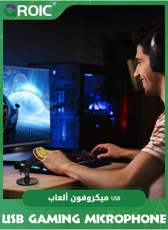 Gaming Microphone, USB Computer Microphone for PC, Mac, PS4/5, Condenser Podcast Mic Studio Recording, YouTube, Streaming, with Headphone Jack, Led Light, Mute, Gain, Noise Cancellation