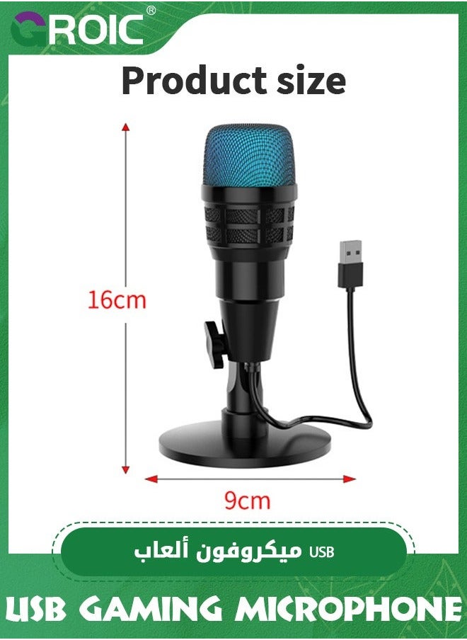 Gaming Microphone, USB Computer Microphone for PC, Mac, PS4/5, Condenser Podcast Mic Studio Recording, YouTube, Streaming, with Headphone Jack, Led Light, Mute, Gain, Noise Cancellation