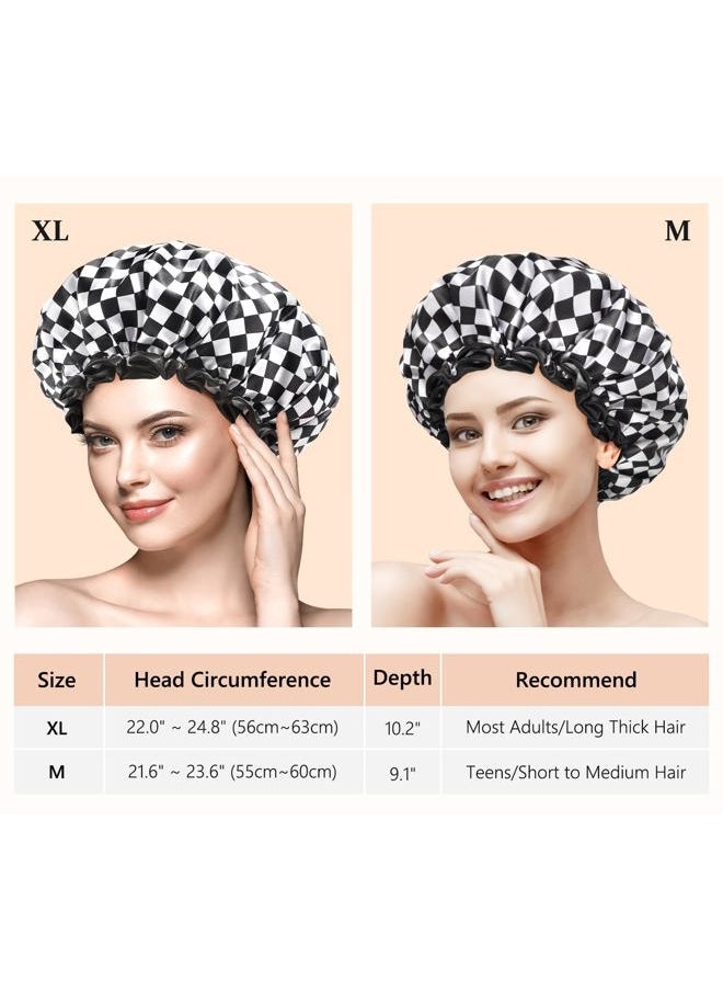 mikimini Shower Cap for Women, Reusable, Double Layers Waterproof Bathing Shower Hat with Soft Comfortable PEVA Lining, Non-fading, Stretchy & Shower Cap for Long Hair Medium Pack of 2, Checkered  - Image 2