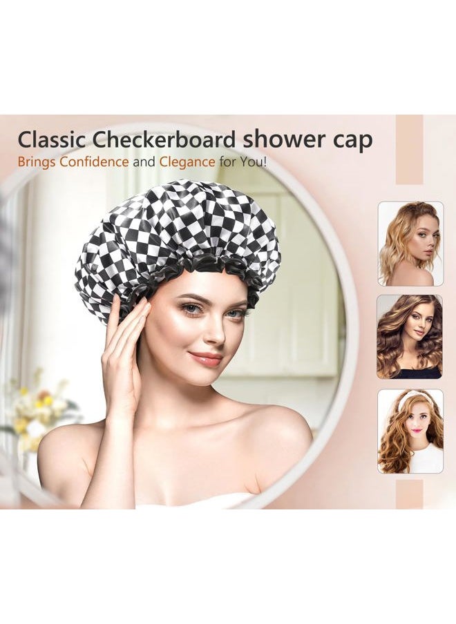 mikimini Shower Cap for Women, Reusable, Double Layers Waterproof Bathing Shower Hat with Soft Comfortable PEVA Lining, Non-fading, Stretchy & Shower Cap for Long Hair Medium Pack of 2, Checkered  - Image 3