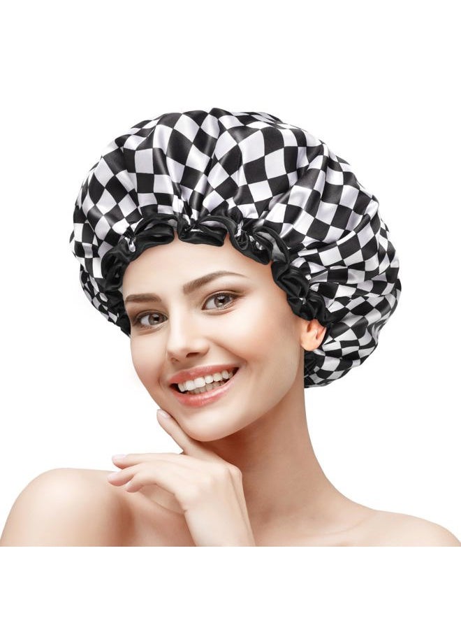 mikimini Shower Cap for Women, Reusable, Double Layers Waterproof Bathing Shower Hat with Soft Comfortable PEVA Lining, Non-fading, Stretchy & Shower Cap for Long Hair Medium Pack of 2, Checkered  - Image 1