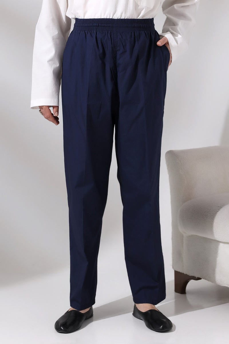 İhvan Online Men's Navy Blue Çınar Casual Cut Elastic Waist Hajj and Umrah Linen Shalwar Trousers  - Image 2
