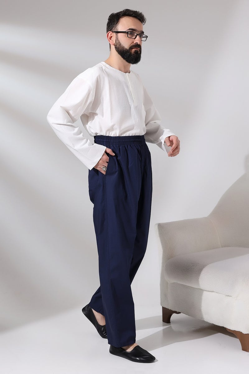 İhvan Online Men's Navy Blue Çınar Casual Cut Elastic Waist Hajj and Umrah Linen Shalwar Trousers  - Image 4