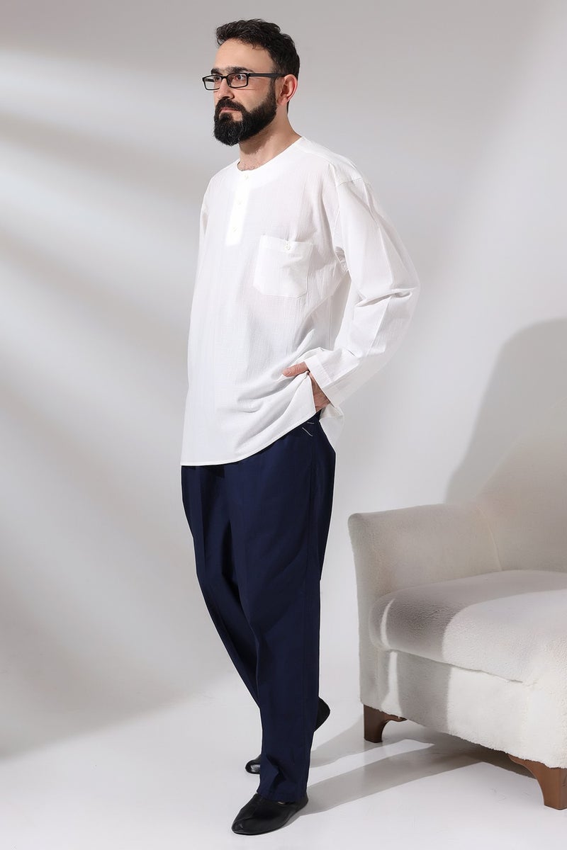 İhvan Online Men's Navy Blue Çınar Casual Cut Elastic Waist Hajj and Umrah Linen Shalwar Trousers  - Image 5
