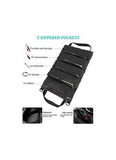 Moonmen Waterproof Roll Up Tool Bag,Car Super Tool Roll Bags,Canvas Tool Roll Pouch,Multi-Purpose Wrench Tool Roll Organizer Hanging Pouch Tote Carrier Bag with 5 Zipper Pocket  - Image 2