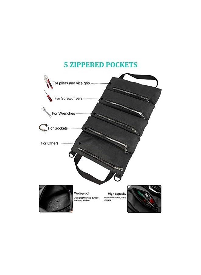 Moonmen - Waterproof Roll Up Tool Bag,Car Super Tool Roll Bags,Canvas Tool Roll Pouch,Multi-Purpose Wrench Tool Roll Organizer Hanging Pouch Tote Carrier Bag with 5 Zipper Pocket - Image 1