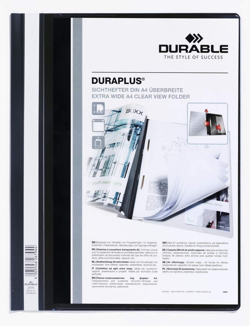 Durable DURAPLUS® Presentation File A4+ 257901 | Clear-View Transparent Front, Coloured Back, Extra-Wide A4+ Format, Side Labelling & Removable Filing Mechanism - Image 1
