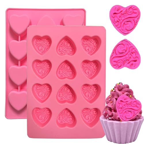 Copzievkae 2 Pack Heart Silicone Molds, 12 Cavity Heart Shaped Silicone Mold For Chocolate, Hearts Shaped Chocolate Molds, Ice Cube Trays for Baking, Candy, Candles, Pink - Image 1