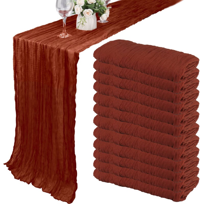 12 Pack 10Ft Cheesecloth Boho Gauze Table Runner  35x120 Inch Rustic Cheese Cloth Long Romantic Table Runner for Wedding Bridal Shower Birthday Party Decor Terracotta