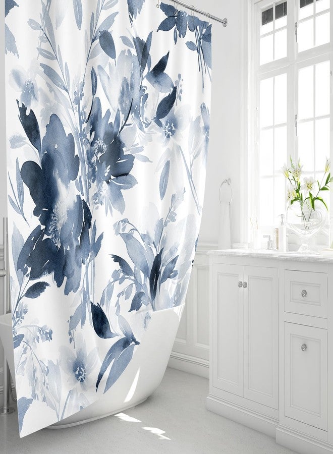 MAYZUS Navy Blue Floral Shower Curtain, Spring Summer Watercolor Flower Shower Curtains for Bathroom, Modern Ink Decorative Fabric Shower Curtain Set with Hooks 72x72 Blue White - Image 2