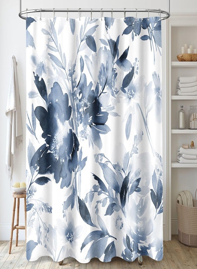 MAYZUS Navy Blue Floral Shower Curtain, Spring Summer Watercolor Flower Shower Curtains for Bathroom, Modern Ink Decorative Fabric Shower Curtain Set with Hooks 72x72 Blue White - Image 1