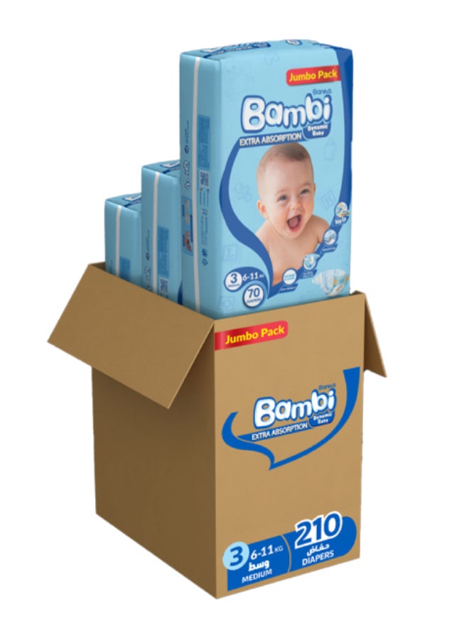 Sanita Bambi Size 3, Medium, 6-11Kg, Jumbo Pack, 210 Diapers - Image 1