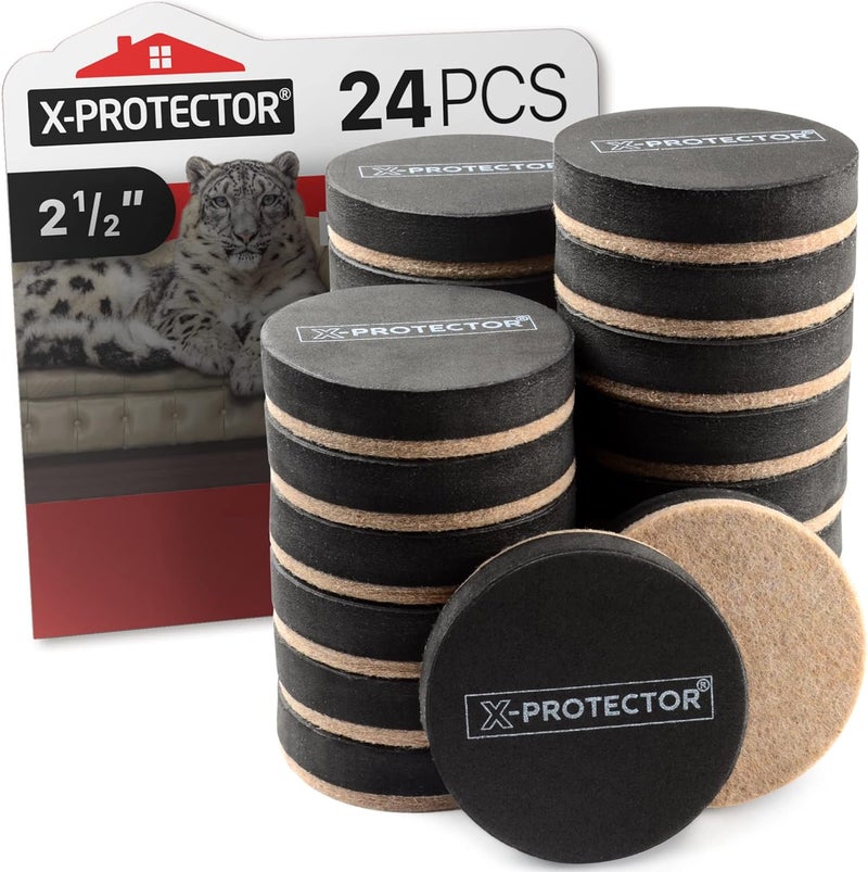 X-Protector زلاجات أثاث من الفelt للأرضيات الخشبية - 24 قطعة زلاجات أثاث بحجم 2 1/2 بوصة - زلاجات ثقيلة من الفelt للأسطح الصلبة - حرك أثاثك بسهولة وأمان!  - Image 1