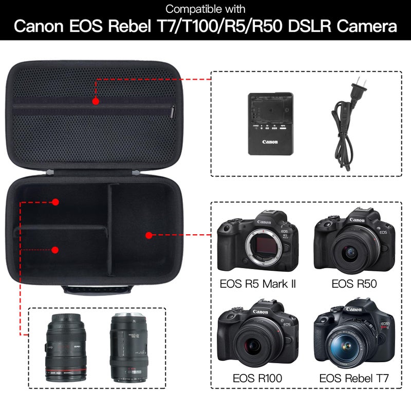 Baval Camera Case Compatible with Canon EOS Rebel T7 / T100 / R50 / R100 / R5 / R6 Mark II / 90D DSLR Camera with 18-55mm Lens,Sony,Nikon DSLR Camera Protective Case with Shoulder Strap (Black Case) - Image 4