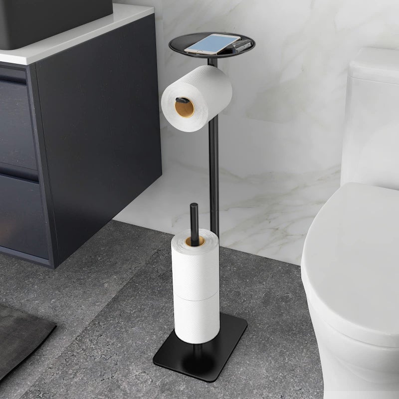 FEILERN FEILERN Toilet Paper Holder Stand for Bathroom Floor Standing Toilet Roll Dispenser Storages 4 Reserve Rolls with Top Storage Shelf for Cell Phones Wipe Wallet and MoreBlack 