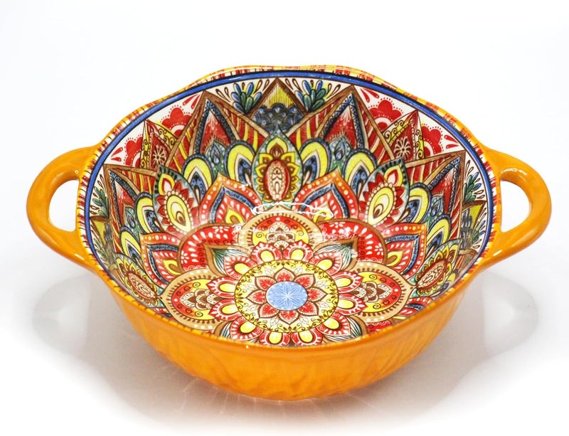 Ronanemon Bohemia Large Bowls with Handle, 40 oz Ceramic Soup Bowl for Salad, Pasta, Cereal,Fruit, Udon, Microwave & Dishwasher Safe (Orange) - Image 1