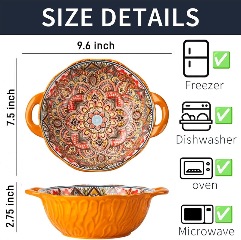 Ronanemon Bohemia Large Bowls with Handle, 40 oz Ceramic Soup Bowl for Salad, Pasta, Cereal,Fruit, Udon, Microwave & Dishwasher Safe (Orange) - Image 2