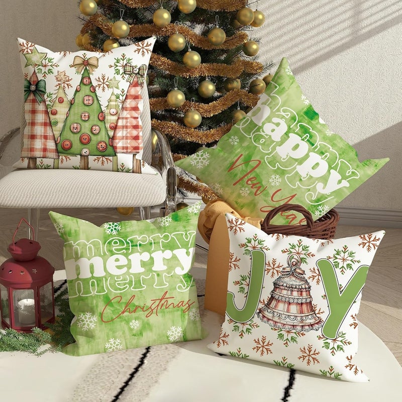 Christmas Throw Pillow Covers Set of 4, Green Tree and Joyful Text Decorative Cushion Cases, Festive Holiday Farmhouse Decor for Sofa Couch Bed 18x18 Inch - Image 4