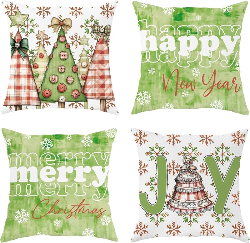 Christmas Throw Pillow Covers Set of 4, Green Tree and Joyful Text Decorative Cushion Cases, Festive Holiday Farmhouse Decor for Sofa Couch Bed 18x18 Inch - Image 1