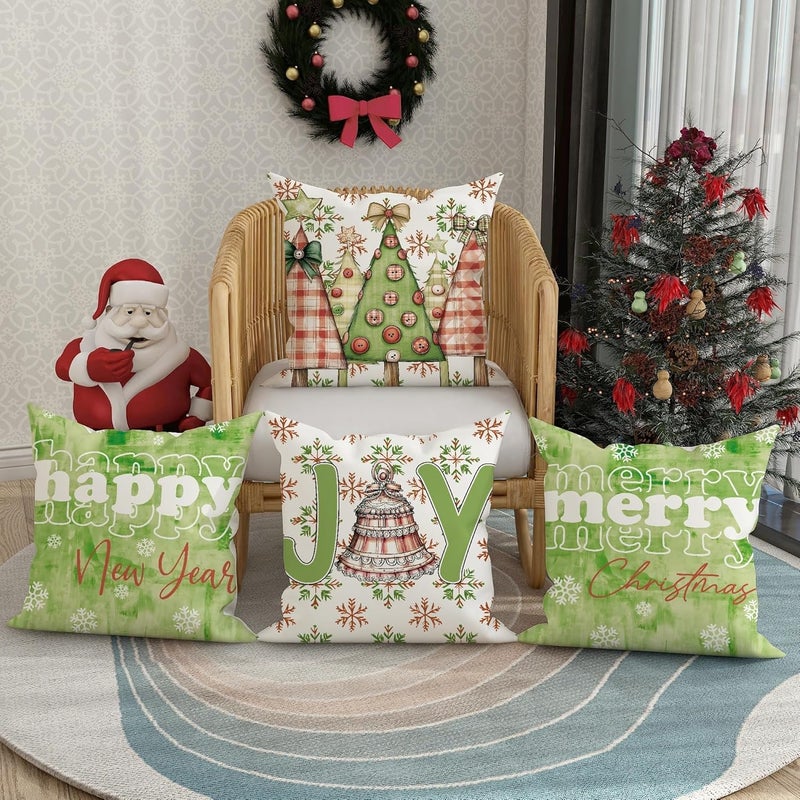 Christmas Throw Pillow Covers Set of 4, Green Tree and Joyful Text Decorative Cushion Cases, Festive Holiday Farmhouse Decor for Sofa Couch Bed 18x18 Inch - Image 2