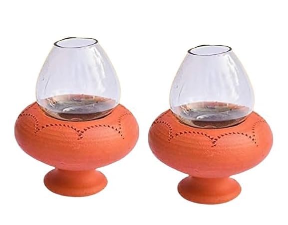 OUR RURAL Our Rural Diya with Glass Cover deepam Oil lamp mud Diya with Cover Set of 2 vilakku lamp for Pooja  - Image 3
