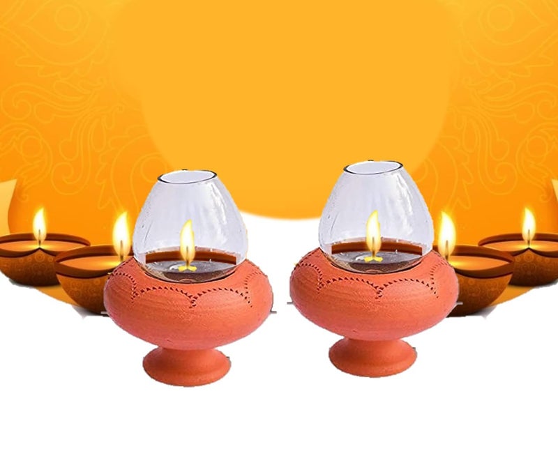 OUR RURAL Our Rural Diya with Glass Cover deepam Oil lamp mud Diya with Cover Set of 2 vilakku lamp for Pooja  - Image 1