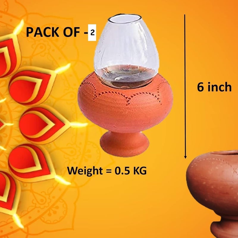 OUR RURAL Our Rural Diya with Glass Cover deepam Oil lamp mud Diya with Cover Set of 2 vilakku lamp for Pooja  - Image 2