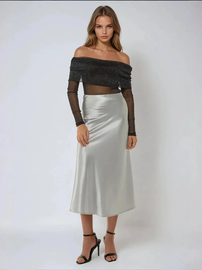 زوبعة تنورة ميدي ساتان بخصر مرتفع