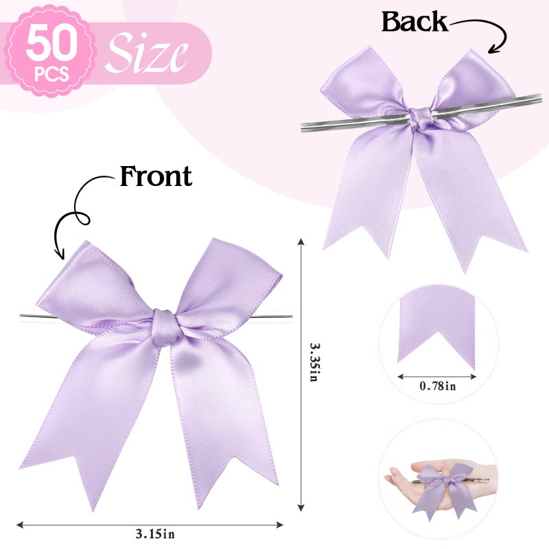 comosso Twist Tie Bows, Satin Ribbon Bows - 3 Inches, 50-Pack for Treat Bags Gift Wrapping Basket Crafts Wedding Baby Shower Brithday Christmas Party Decorations (White) - Image 2