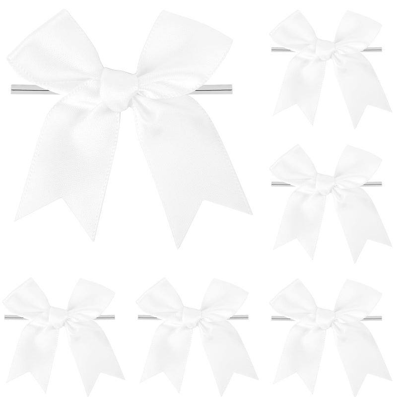 comosso Twist Tie Bows, Satin Ribbon Bows - 3 Inches, 50-Pack for Treat Bags Gift Wrapping Basket Crafts Wedding Baby Shower Brithday Christmas Party Decorations (White) - Image 1