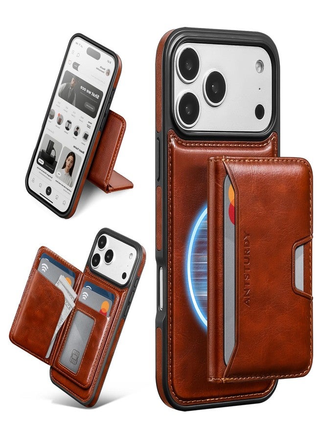 Antsturdy Compatible with MagSafe 2 in 1 Detachable Magnetic iPhone 17 Pro Max Case Wallet Holder,PU Leather RFID Blocking Credit Card Slots Flip Protective Cover Kickstand for Men Women,Brown - Image 1