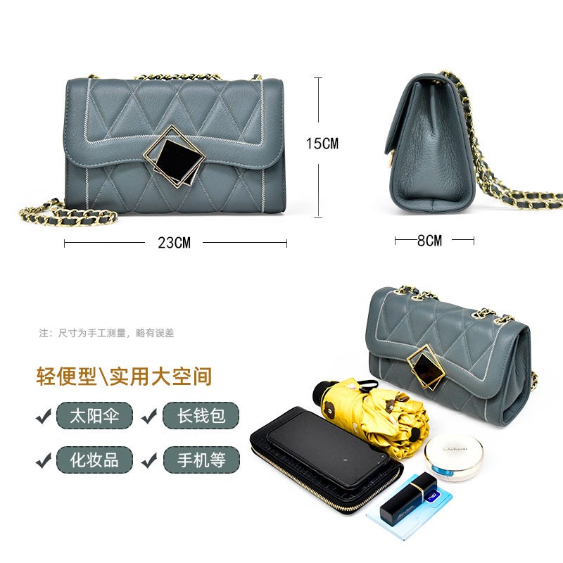 Fashion Fresh And Sweet One-Shoulder Genuine Leather Cross-Body Women'S Bag First-Layer Cowhide Summer Chain Small Square Bag - Image 3