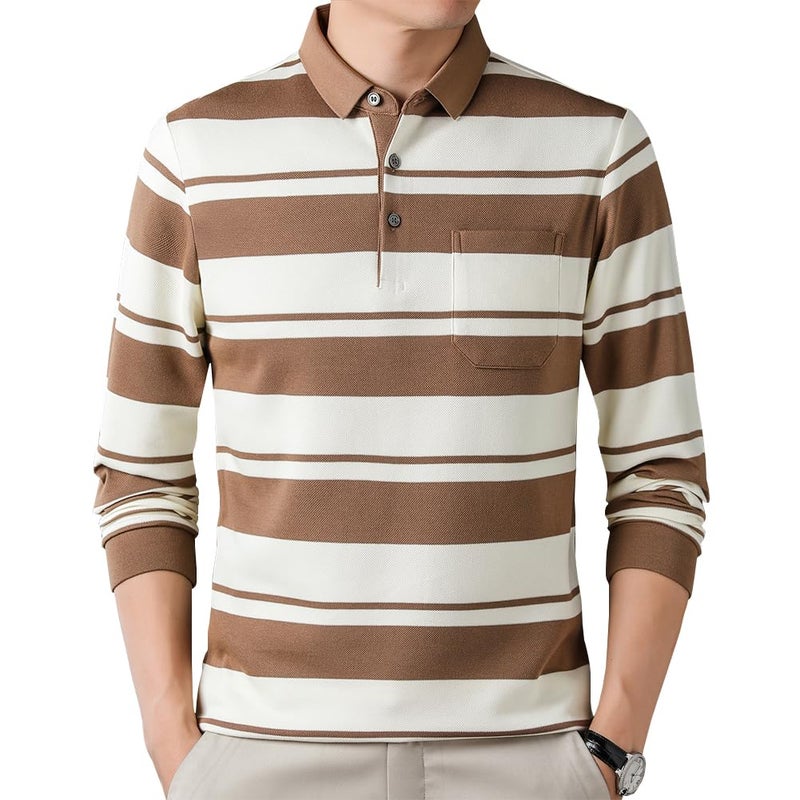 Womleys Mens Casual Cotton Blend Striped Long Sleeve Collared T Shirt Polo Shirts Large Light Brown