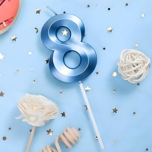 Juzfun Number Candles 8 Birthday Cake Topper Decoration Eighth Year Wedding Anniversary Party Metallic Blue Colour Size : Width 5 x Height 7 cm - Image 1