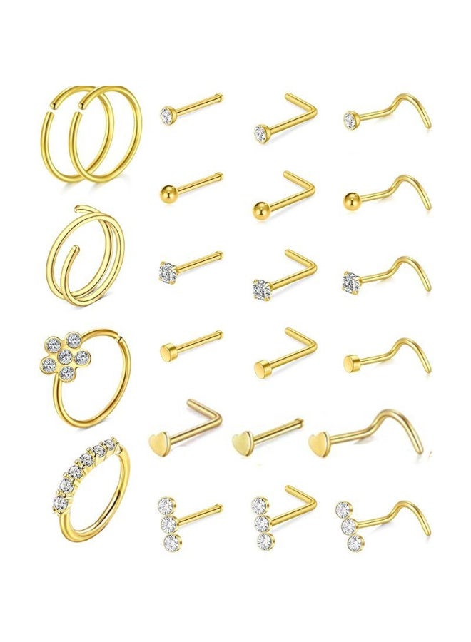 أوليس فيرس  مجموعة كاملة من 23 قطعة ذهبية لحلقات الأنف والستان للنساء والرجال، مصنوعة من الفولاذ الجراحي الآمن على البشرة الحساسة، وتشمل خواتم على شكل L وموديلات 8 ملم متنوعة - Image 1