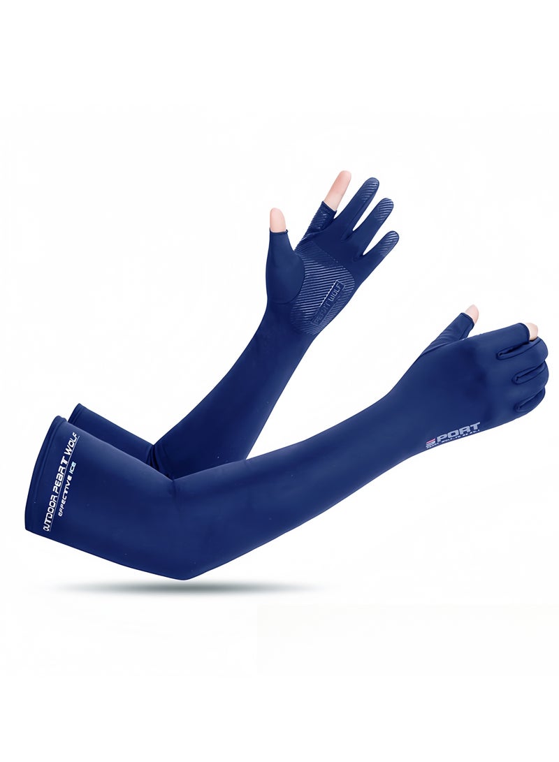 Generic Men's Sun Protection Arm Sleeves Hand Gloves, Driving Gloves, Integrated Arm Sleeves and Gloves, Summer Ice Silk UV Protection Arm Sleeves, Ideal for Cycling, Golf, Driving, Hiking (Navy Blue)  - Image 1