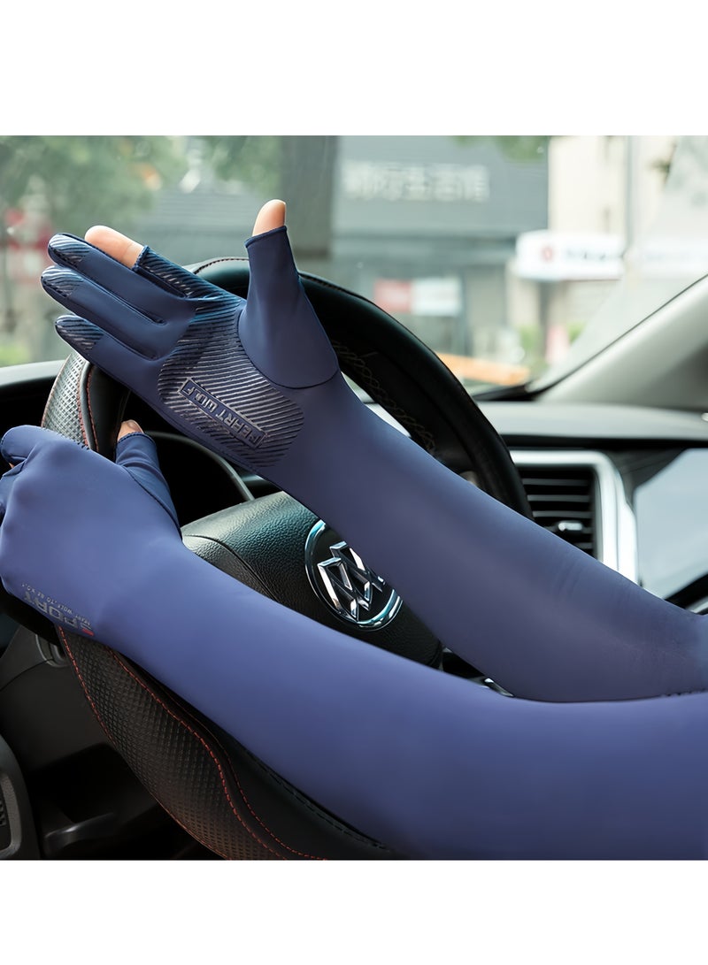 Generic Men's Sun Protection Arm Sleeves Hand Gloves, Driving Gloves, Integrated Arm Sleeves and Gloves, Summer Ice Silk UV Protection Arm Sleeves, Ideal for Cycling, Golf, Driving, Hiking (Navy Blue)  - Image 2