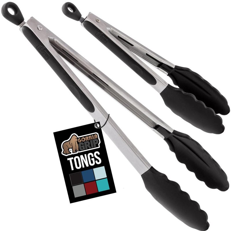 GORILLA GRIP Stainless Steel Heat Resistant Kitchen Tongs for Cooking, Set of 2 BBQ Tong, Non Scratch Silicone Tip for Pans, Strong Grip, Grab Food, Toss Salad, Air Fryer, Pull Lock, 7 + 9 Inch, Black - Image 1