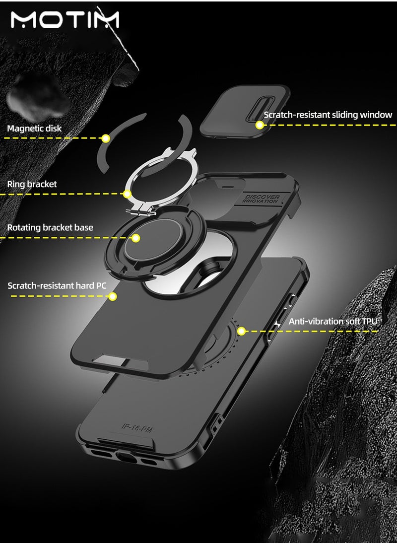 iPhone 16 Pro/16 Pro Max MagSafe Case with Slide Camera Cover, 360° Invisible Ring Stand Kickstand, Shockproof Drop Protection, Anti-Scratch, Camera Protective Cover, iPhone 16 Pro/16 Pro Max Magnetic Stand Cover