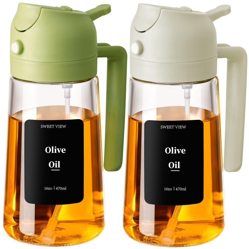 SWEET VIEW 2PCS Oil Sprayer for Cooking 470ml 2 In 1 Glass Olive Oil Sprayr pourer for Kitchen Air Fryer Cooking Salad BBQ GreenWhite